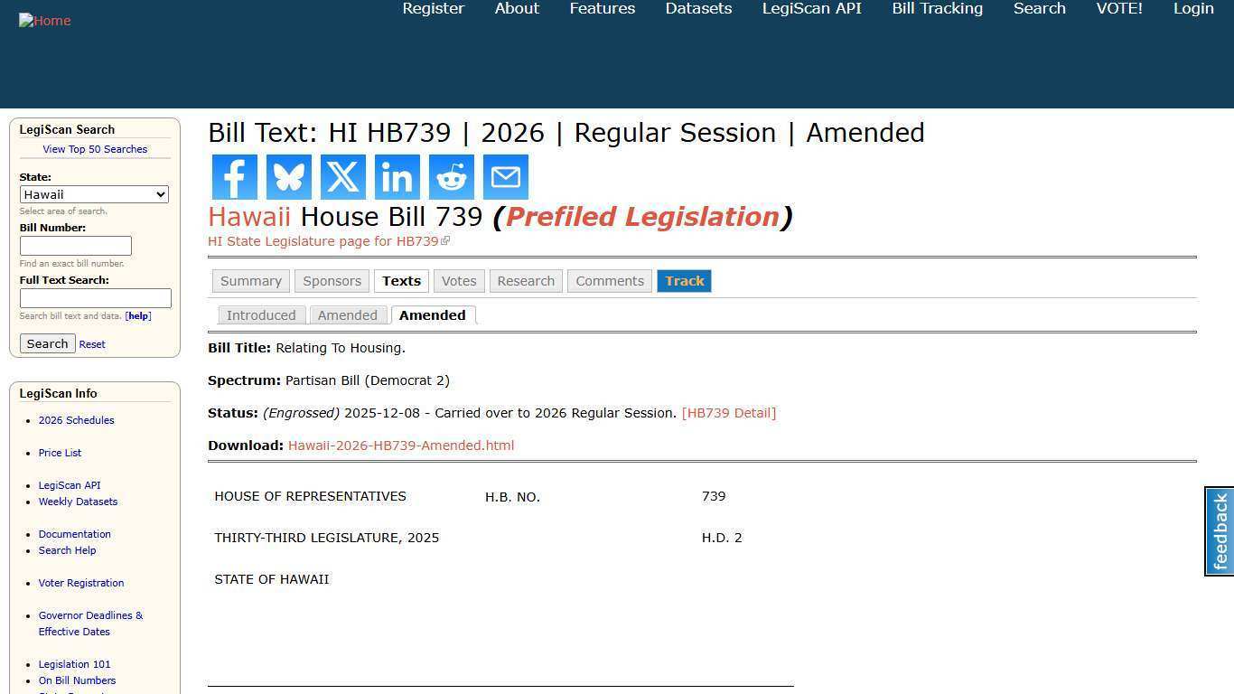 Bill Text: HI HB739 | 2026 | Regular Session | Amended | LegiScan