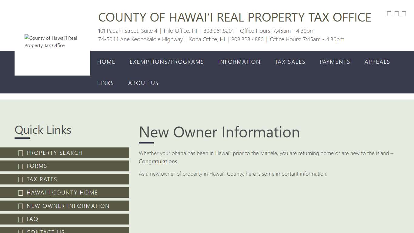 New Owner Information – County of Hawaiʻi Real Property Tax Office